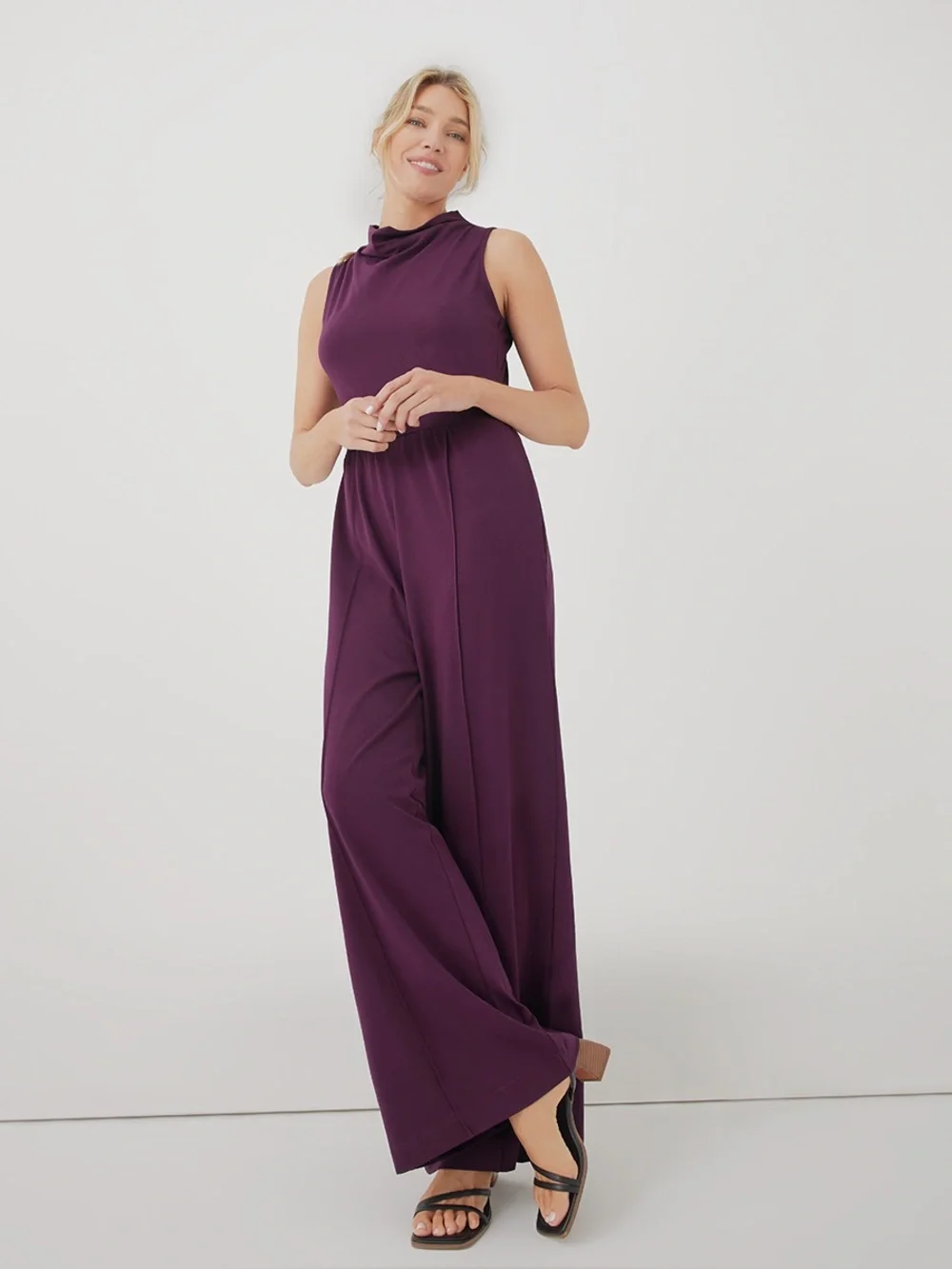 ‼️EUC: Pact Organic Women’s Plum Fit & Flare Cowl Neck Jumpsuit - S - Picture 2 of 9